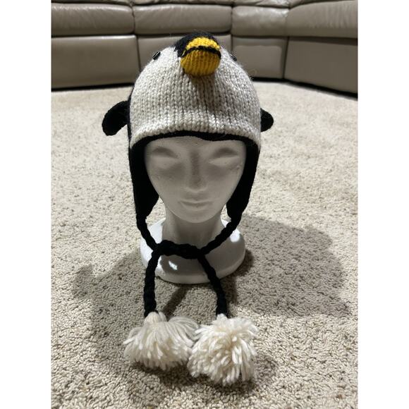 Youth Penguin Knit WOOL HAT from Nepal Fleece Lined EAR FLAPS Black Winter H25 - Picture 6 of 9